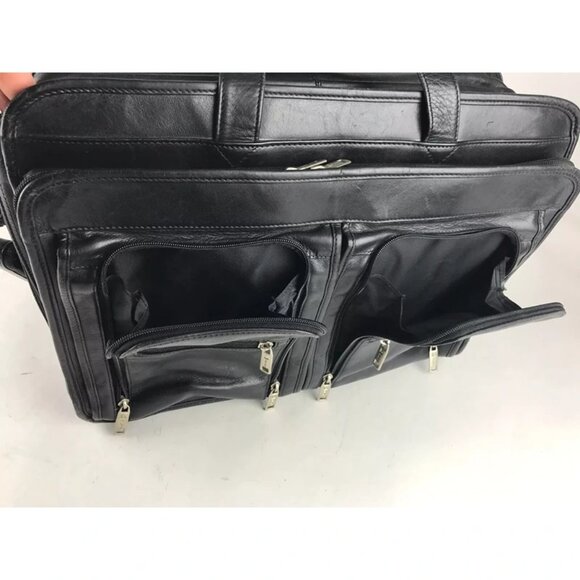 Dilana Unisex Black Leather Outer Pockets Detachable Strap Top Handle Laptop Bag - Picture 6 of 11